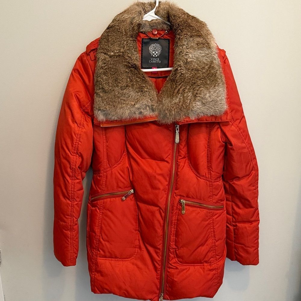 Vince Camuto Orange/Red Puffer Coat with Real Fur Trim. Size M